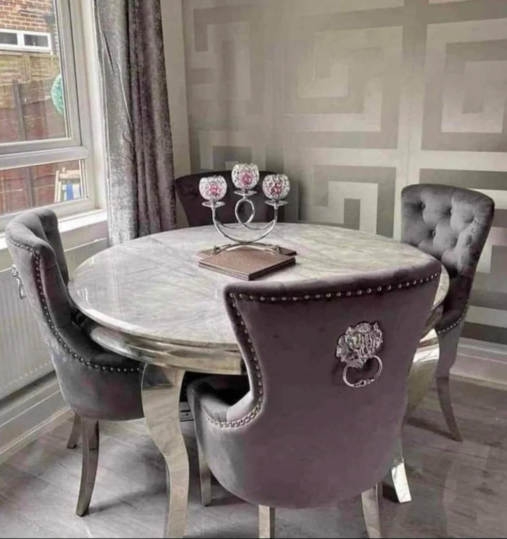 Louis 130cm Grey Marble Round Dining Table + Grey Lion Knocker Chairs