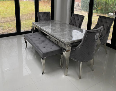 Louis Marble & Chrome Dining Table With Grey Quilted Lion Knocker Velvet Chairs & Bench