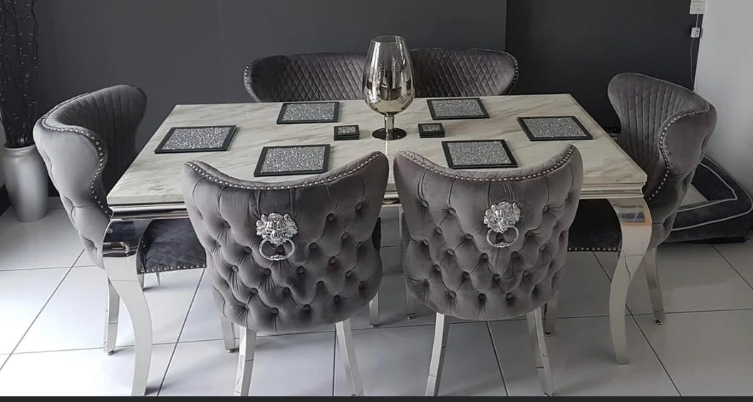 Louis Marble & Chrome Dining Table With Valentino Lion Knocker Velvet Chairs