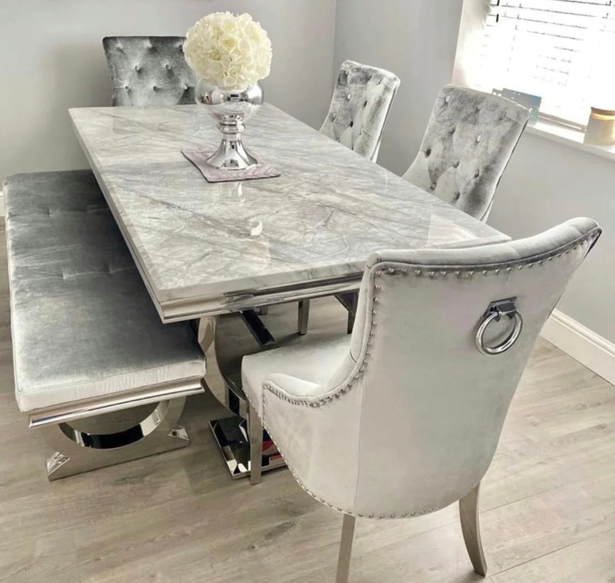 Arianna 200cm Grey Marble Dining Table + Belle Grey Velvet Dining Chai ...