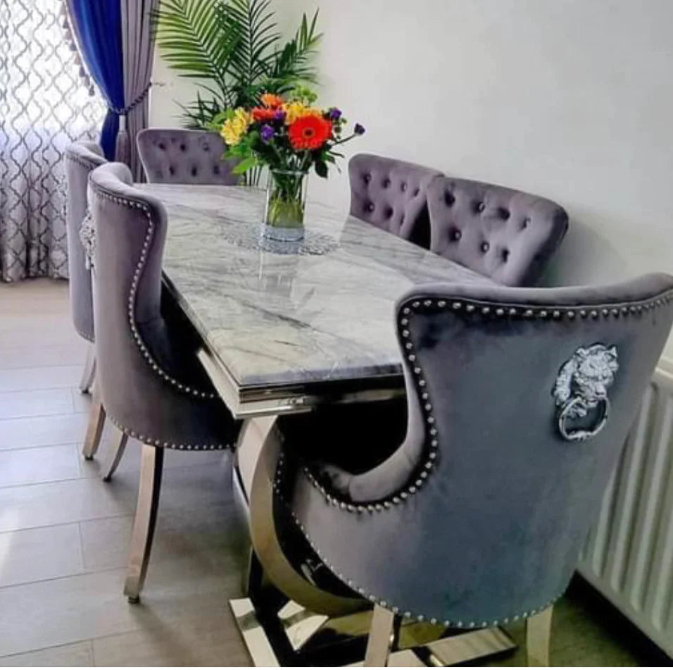 Arianna Marble & Chrome Dining Table With Lion Knocker Velvet Chairs