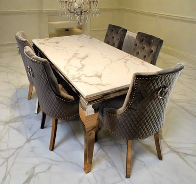 Louis Marble & Chrome Dining Table With Grey Round Quilted Ring Knocker Velvet Chairs
