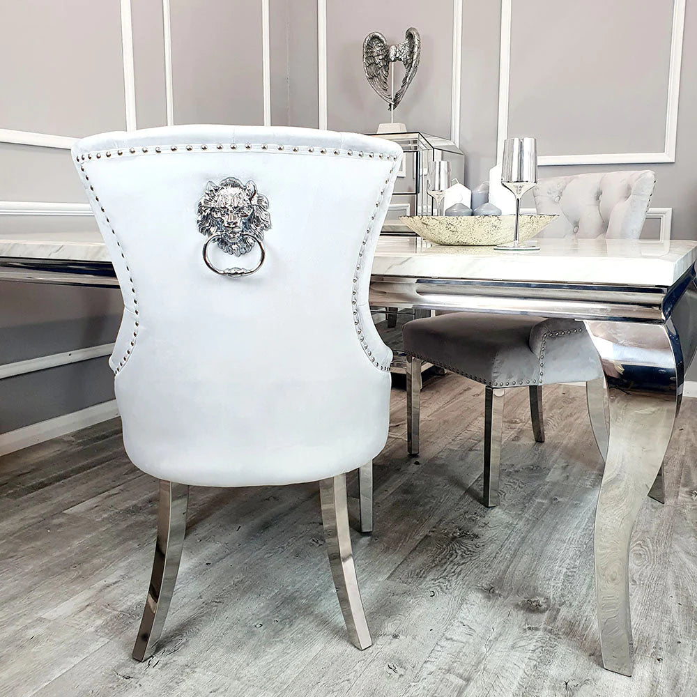 Louis Marble & Chrome Dining Table With Megan Chrome Lion Knocker Velvet Chairs