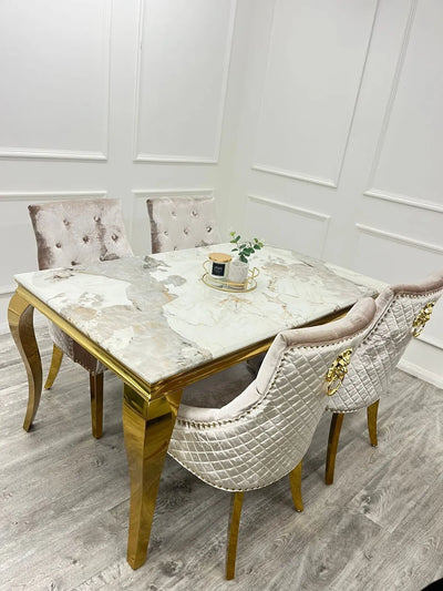 Louis Gold Marble Dining Table With Shimmer Cream Gold Lion Knocker Dining Chairs