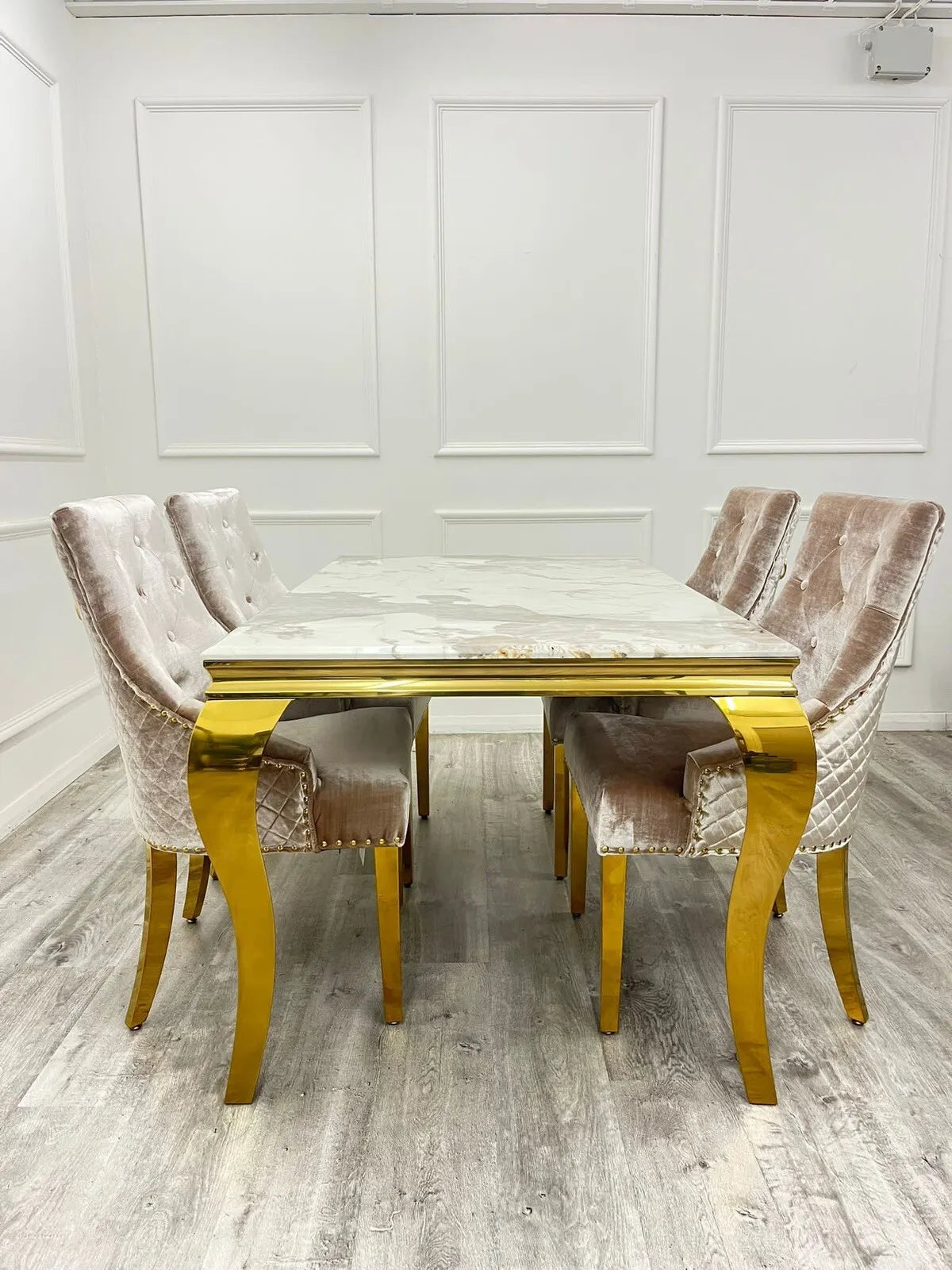 Louis Gold Marble Dining Table With Shimmer Cream Gold Lion Knocker Dining Chairs