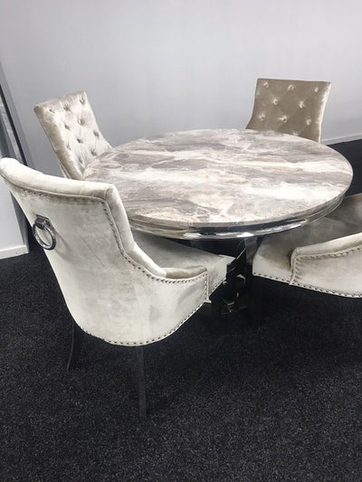 Chelsea 130cm Marble Round Dining Table With Shimmer Chrome Ring Knocker Chairs