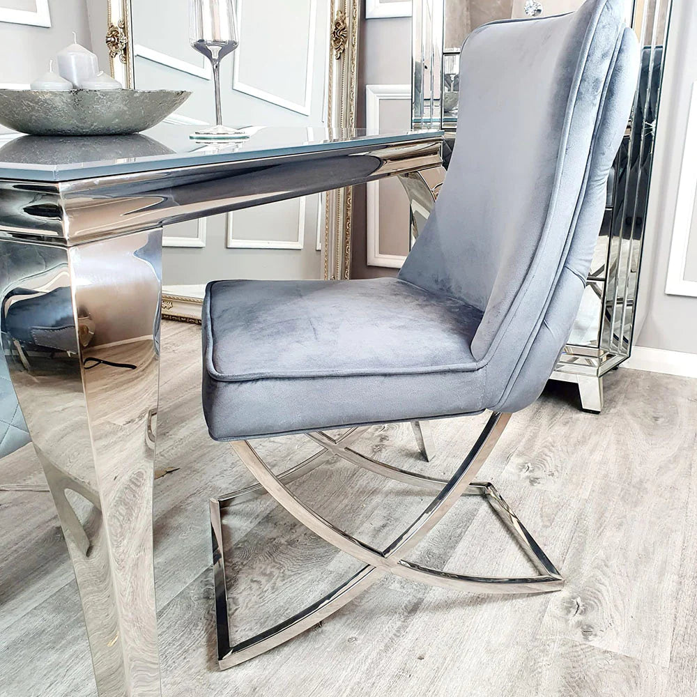 Arianna 180cm Grey Marble Dining Table + Belgravia Grey Plush Velvet Button Dining Chairs