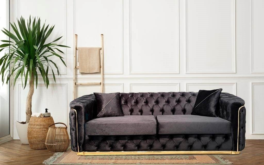 Karimah Luxury Velvet Fabric Sofa Collection Black / Gold Trim