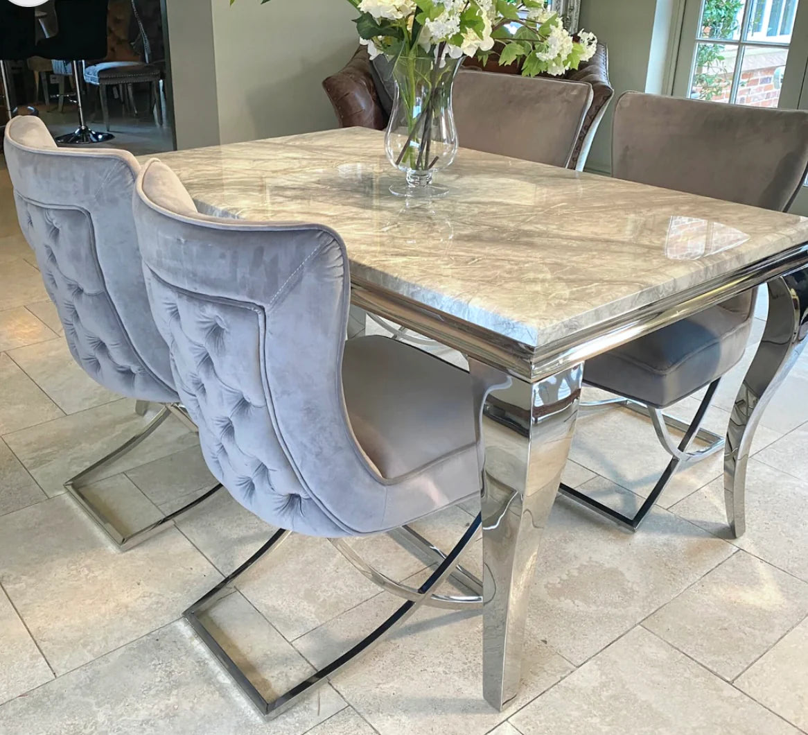 Louis 150cm Grey Marble Dining Table + Belgravia Dark Grey Plush Velvet Button Dining Chairs