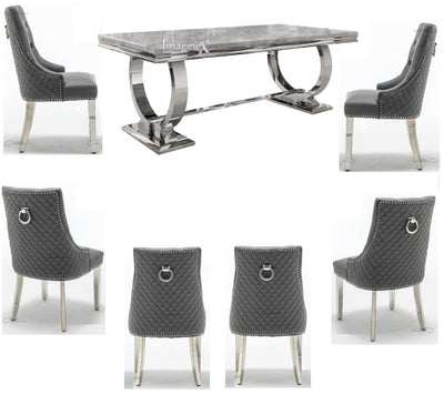 Arianna 200cm Grey Marble Dining Table + Grey Chrome Ring Knocker Faux Leather Chairs-Esme Furnishings