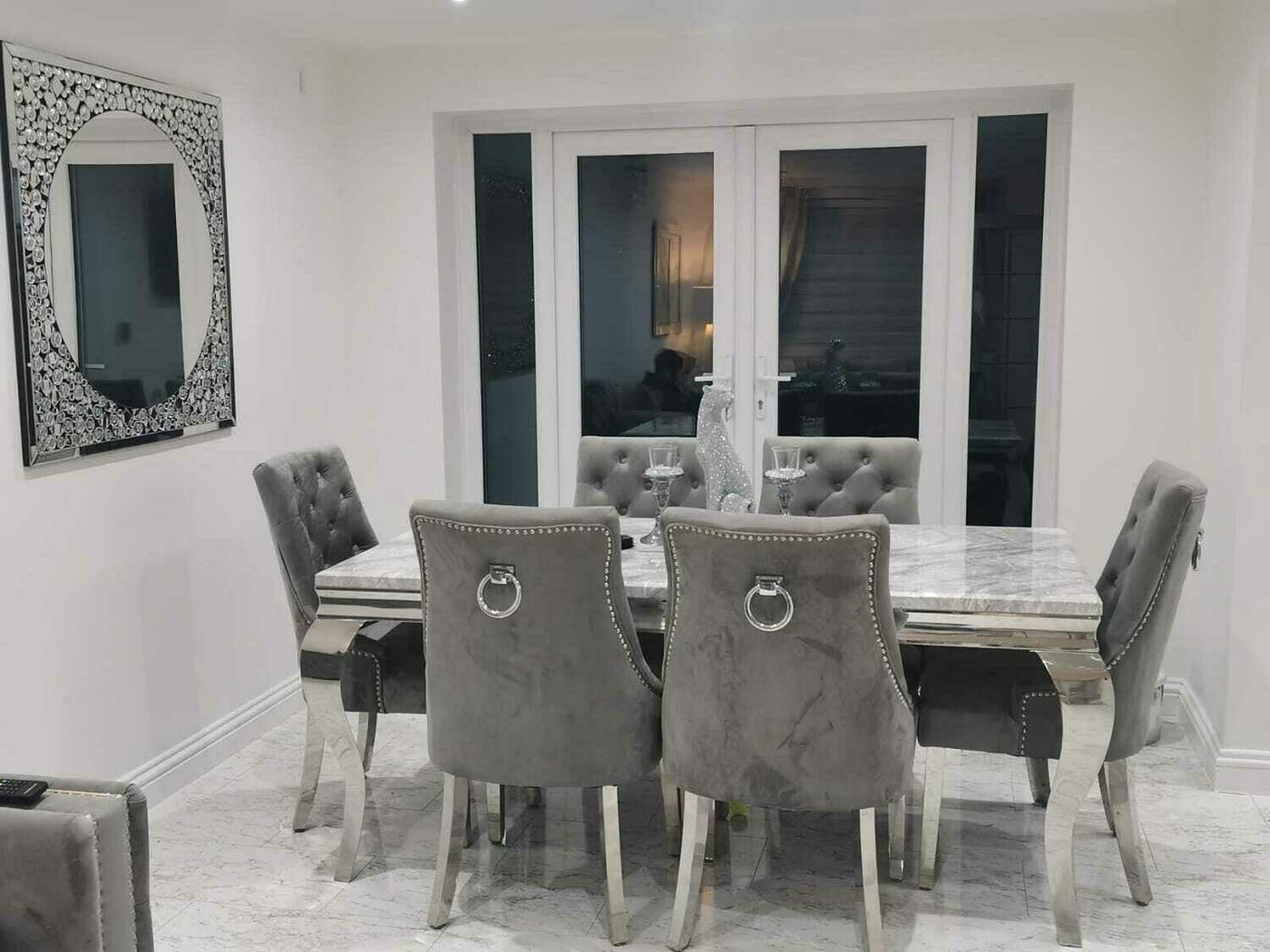 Louis 180cm White Marble Dining Table + Knightsbridge Dark Grey Knocker Plush Velvet Chairs-Esme Furnishings