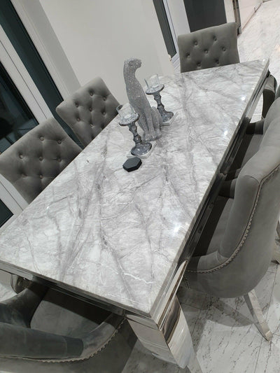 Louis Grey Marble 150CM Dining Table + Belle Silver Grey Chairs, Bench Option-Esme Furnishings