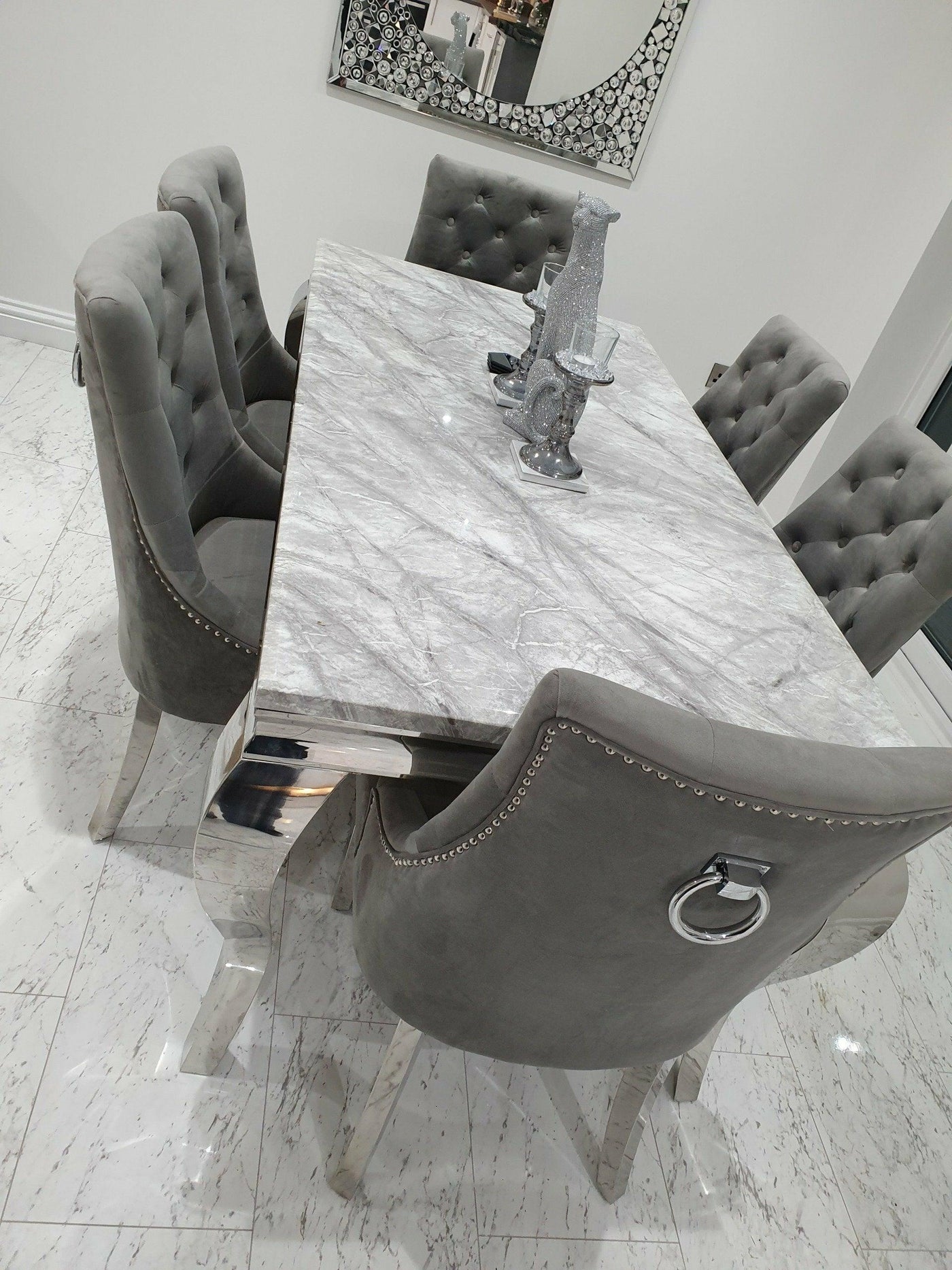 Louis 120cm Grey Marble Dining Table + Knightsbridge Dark Grey Knocker Plush Velvet Chairs-Esme Furnishings