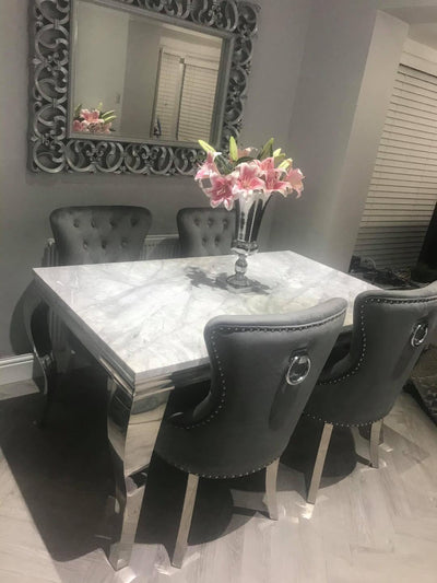 Louis 150cm Grey Marble Dining Table + Dark Grey Chrome Ring Knocker Plush Velvet Chairs-Esme Furnishings
