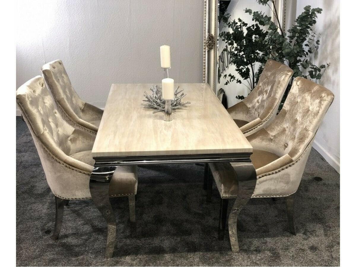 Arianna 200cm Cream Marble Dining Table + Lion Knocker Dining Chairs-Esme Furnishings