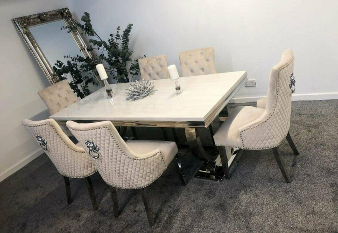 Arianna 180CM Cream Marble Dining Table + Lion Knocker Plush Velvet Dining Chairs