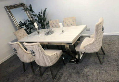 Arianna 200CM Cream Marble Dining Table + Lion Knocker Plush Velvet Dining Chairs