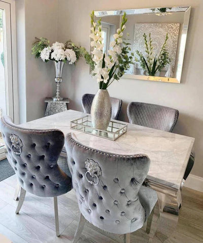 Louis Marble & Chrome Dining Table With Valente Lion Knocker Velvet Chairs-Esme Furnishings
