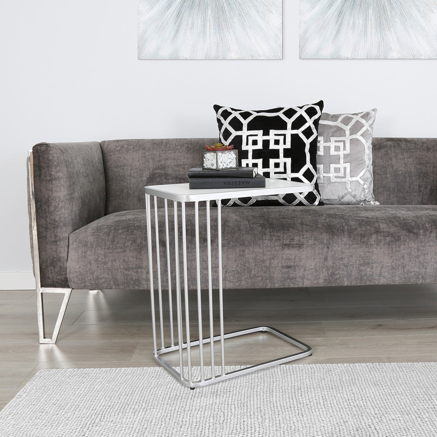 Como White Marble Effect Top Metal Side Sofa End Table-Esme Furnishings