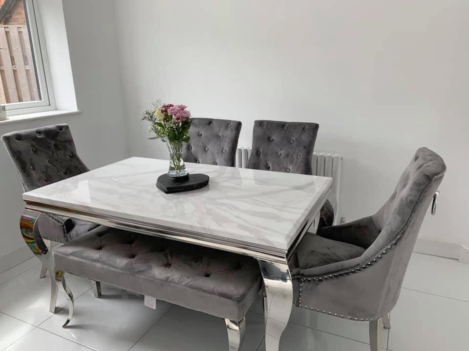 Louis 200cm White Marble Dining Table + 4 Grey Ring Knocker Chairs + 160cm Bench-Esme Furnishings