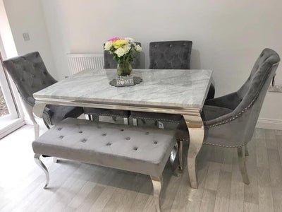 Louis 180cm Grey Marble Dining Table + 4 Grey Ring Knocker Chairs + 130cm Bench-Esme Furnishings