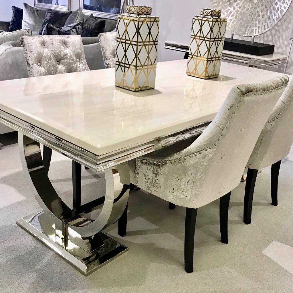 Arianna 200CM Cream Marble Dining Table + Lion Knocker Plush Velvet Dining Chairs-Esme Furnishings