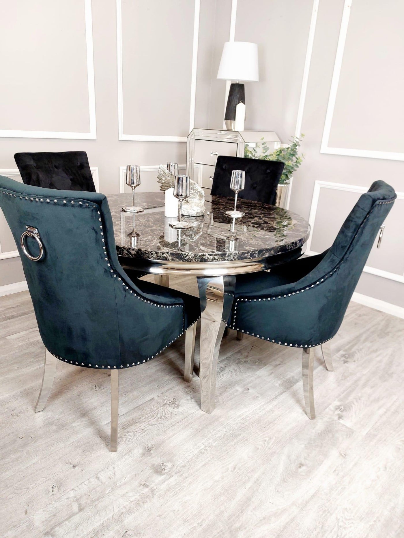 Louis Black Marble 130cm Round Dining Table + Black Knocker Plush Velvet Chairs-Esme Furnishings