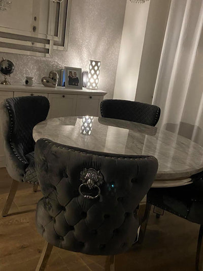 Chelsea 130cm Grey Marble Round Dining Table + Valentino Grey Plush Velvet Lion Button Chairs-Esme Furnishings