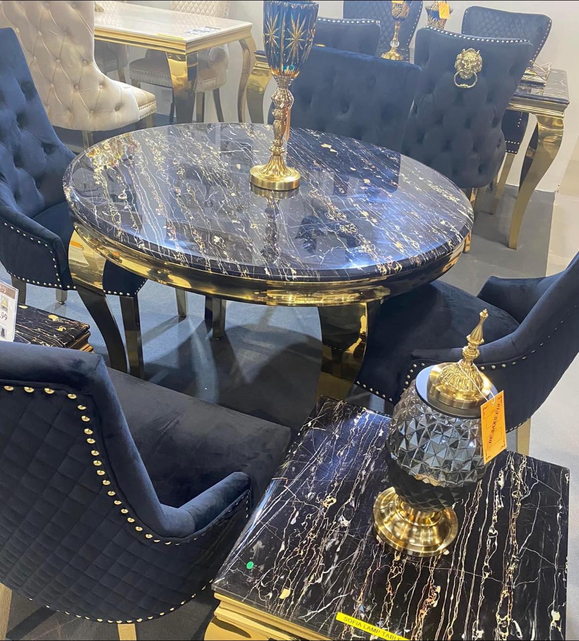 Louis Gold Round Black Marble 110cm Dining Table + Black Gold Ring Knocker Velvet Dining Chairs