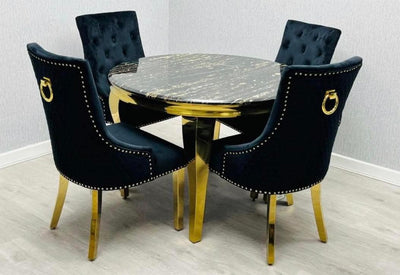 Louis Gold Round Black Marble 110cm Dining Table + Black Gold Ring Knocker Velvet Dining Chairs