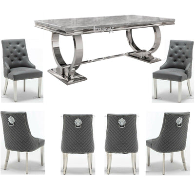 Arianna 200cm Grey Marble Dining Table + Grey Lion Knocker Faux Leather Chairs-Esme Furnishings