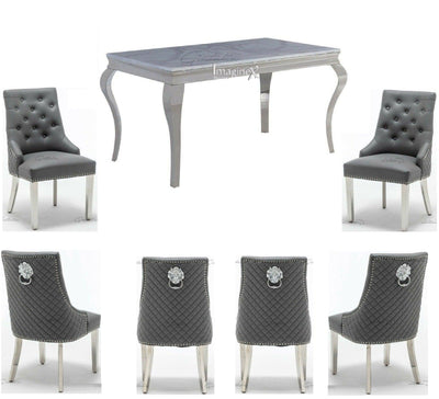 Louis 180cm Grey Marble Dining Table + Grey Lion Knocker Faux Leather Chairs-Esme Furnishings