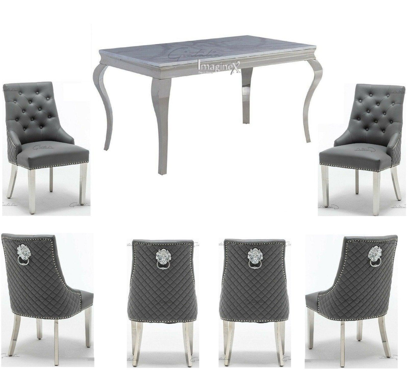 Louis 200cm White Marble Dining Table + Grey Lion Knocker Faux Leather Chairs-Esme Furnishings