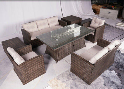 7 Seater Rattan Outdoor Garden Furniture Set With Gas Fire Pit Table-Esme Furnishings