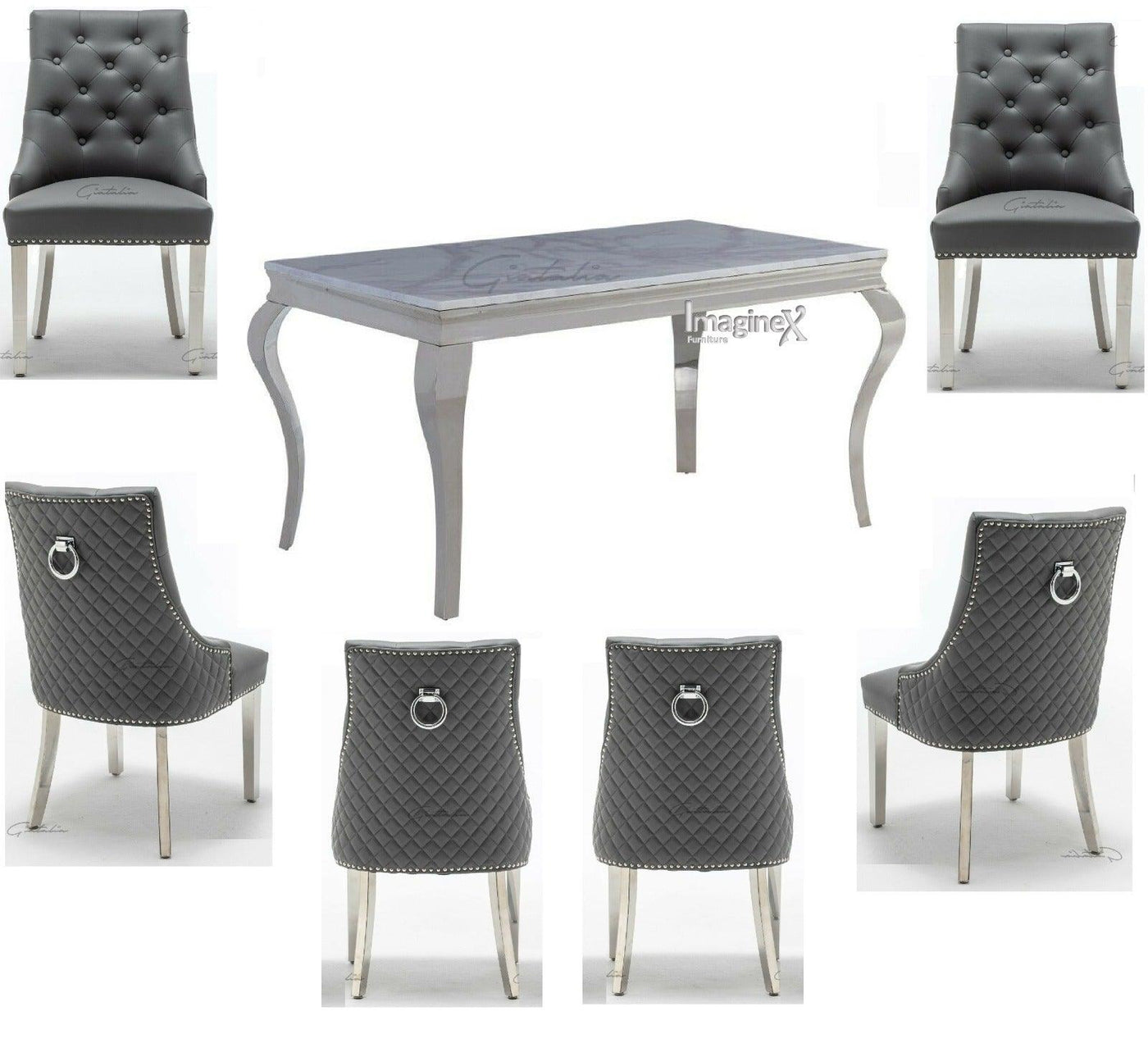 Louis 160cm Grey Marble Dining Table + Grey Chrome Ring Knocker Faux Leather Chairs-Esme Furnishings