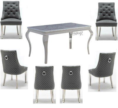 Louis 200cm White Marble Dining Table + Grey Chrome Ring Knocker Faux Leather Chairs-Esme Furnishings