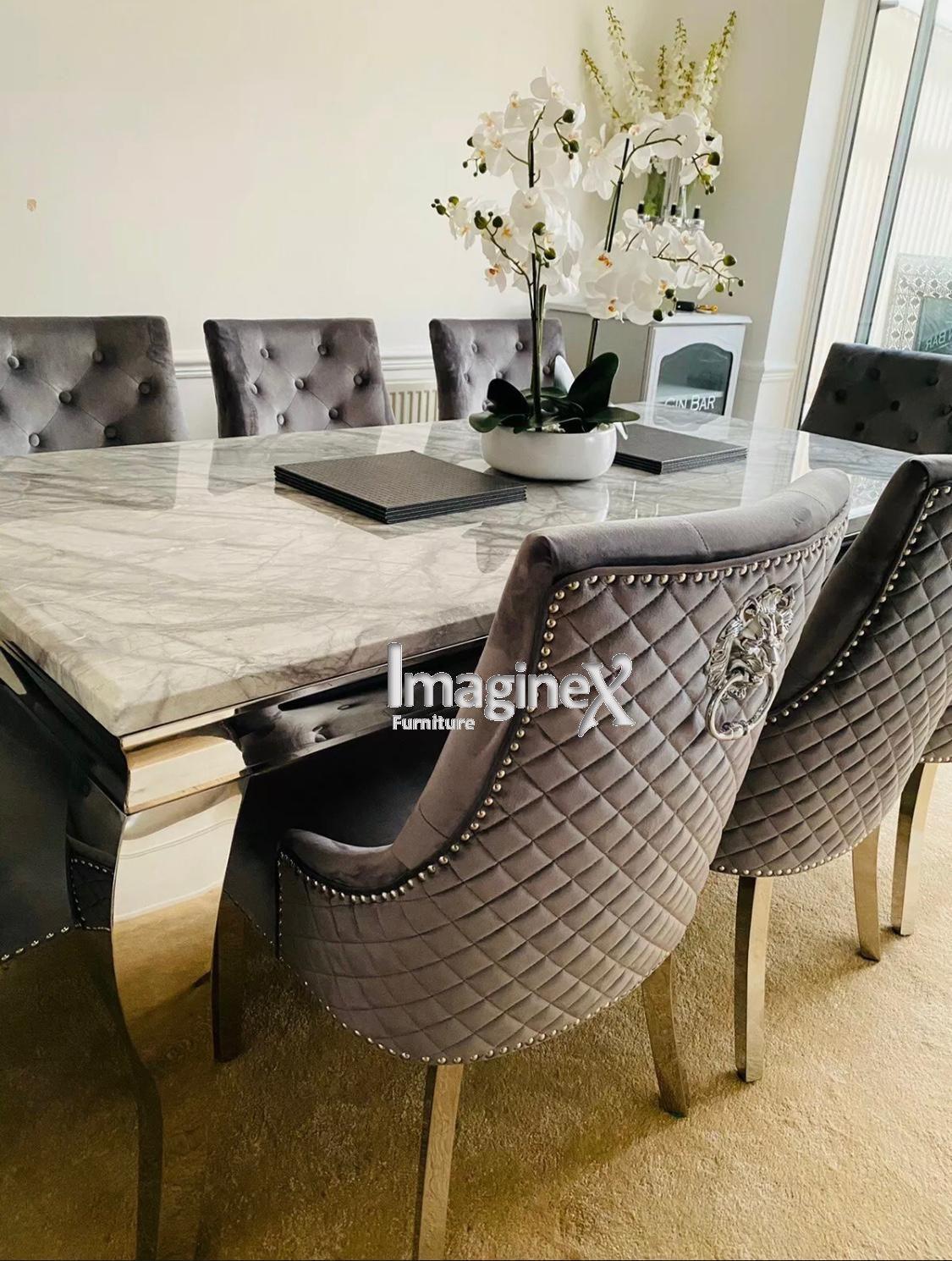 Louis 160cm Grey Marble Dining Table + Light Grey Lion Knocker Plush Velvet Chairs-Esme Furnishings