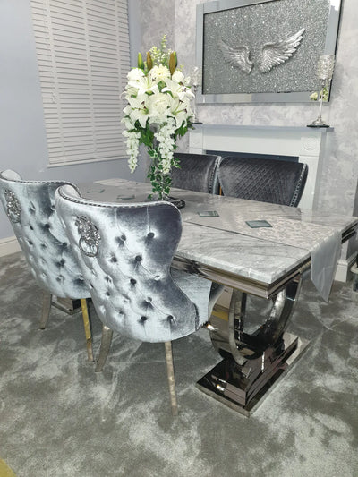 Arianna 200cm White Marble Dining Table + Dark Grey Button Lion Knocker Velvet Chairs