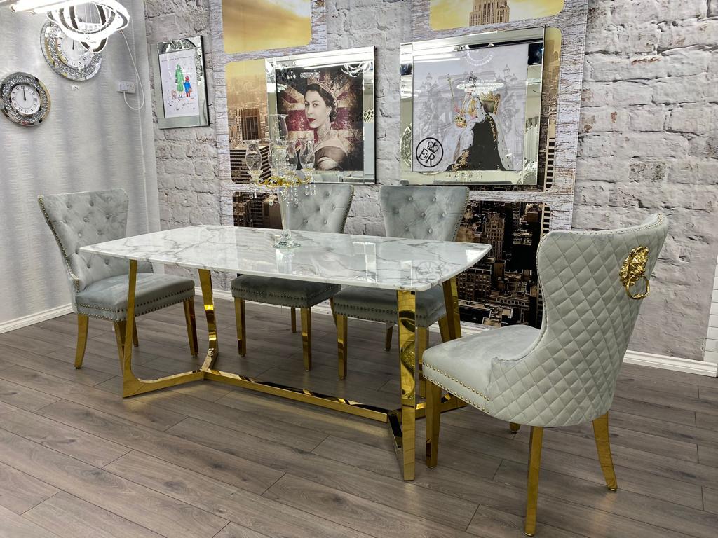 Lucien 180cm Gold Dining Table with Pandora Gold Sintered Stone Top + Belmont Gold Lion Knocker Dining Chairs-Esme Furnishings