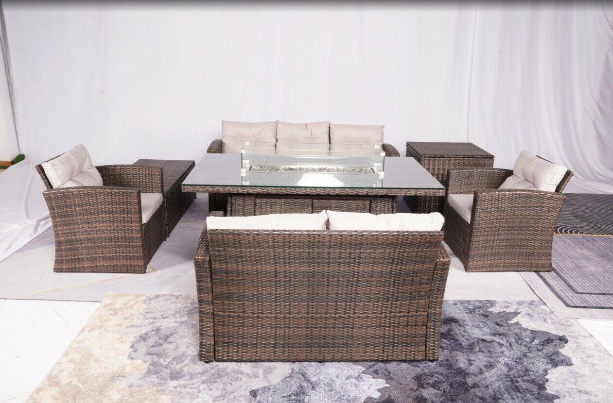 7 Seater Rattan Outdoor Garden Furniture Set With Gas Fire Pit Table-Esme Furnishings