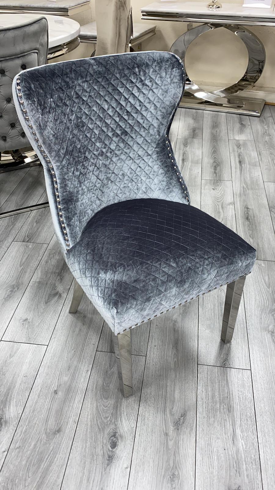 Louis 160cm Grey Marble Dining Table + Valente Dark Grey Lion Knocker Velvet Chairs-Esme Furnishings