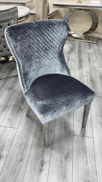 Louis 180cm Grey Marble Dining Table + Valente Dark Grey Lion Knocker Velvet Chairs-Esme Furnishings