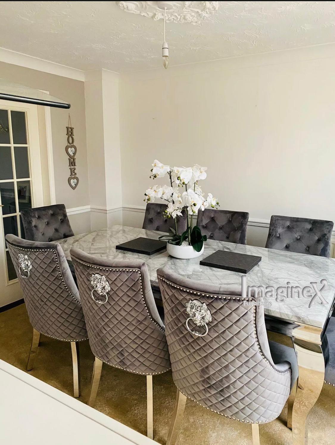 Louis 150cm Grey Marble Dining Table + Light Grey Lion Knocker Plush Velvet Chairs-Esme Furnishings