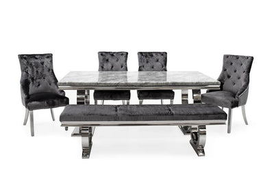 Arianna 200cm Grey Marble Dining Table + 4 Belle Charcoal Velvet Dining Chairs + 180cm Bench-Esme Furnishings