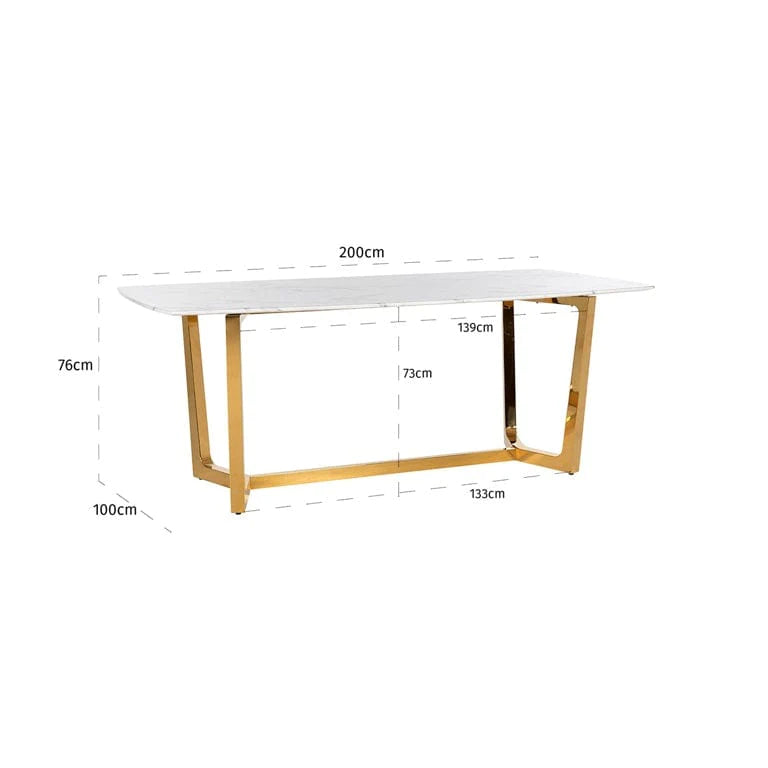 Dynasty 200cm Gold Dining Table with White Marble Top-Esme Furnishings
