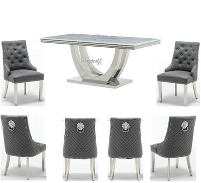 Vivo 180cm White Marble Dining Table + Grey Lion Knocker Faux Leather Chairs-Esme Furnishings