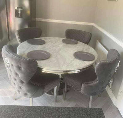 Chelsea 130cm Grey Marble Round Dining Table + Valentino Grey Plush Velvet Lion Button Chairs-Esme Furnishings