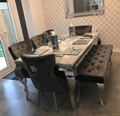 Louis 200cm White Marble Dining Table + 4 Dark Grey Lion PU Leather Knocker Chairs + 130cm PU Leather Bench-Esme Furnishings