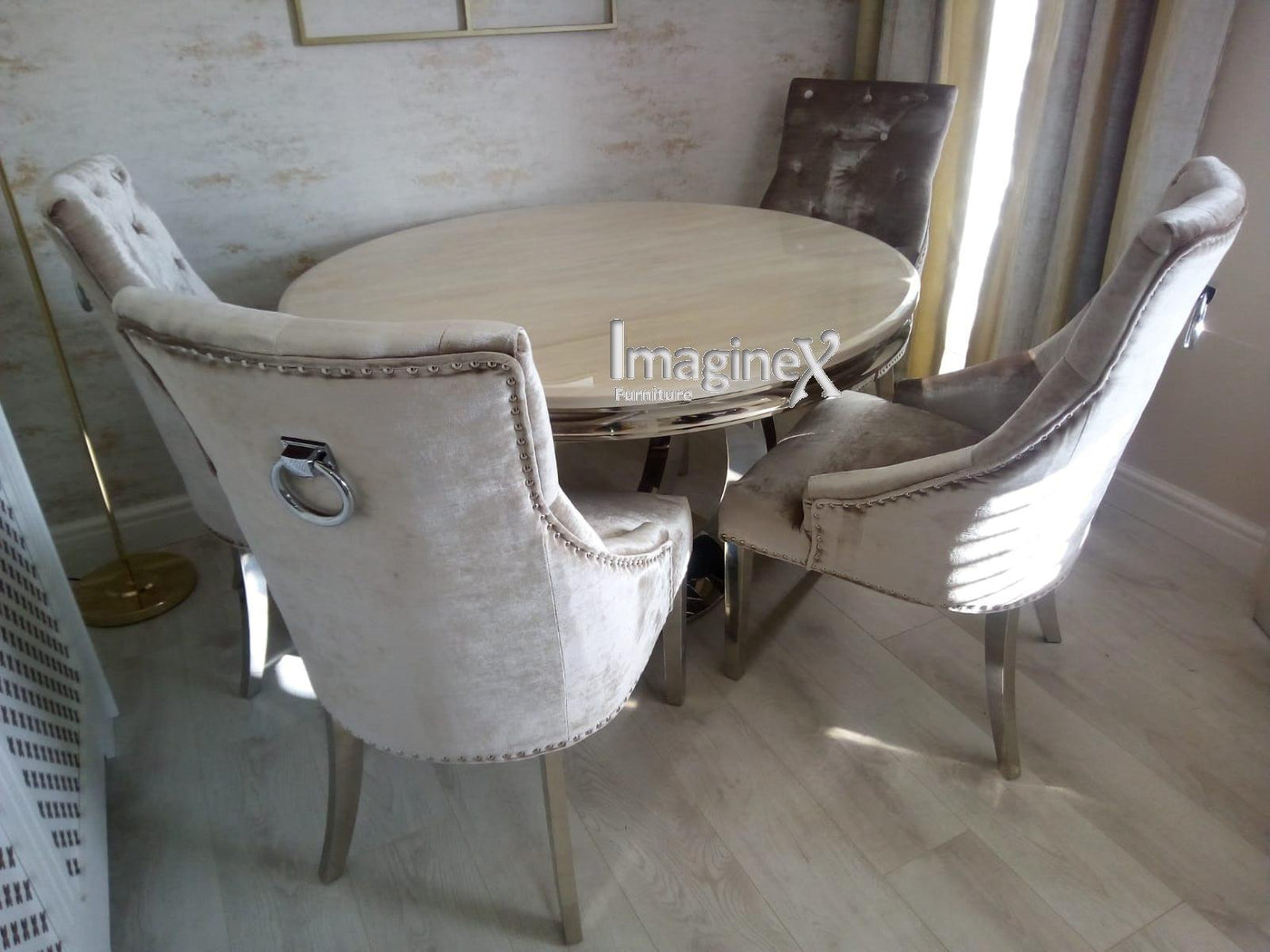 Chelsea 130cm Cream Marble Round Dining Table + Belle Champagne Dining Chairs-Esme Furnishings