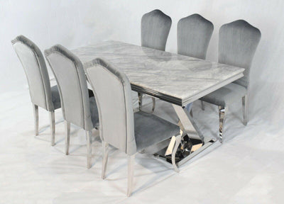 X Frame Grey Marble 180CM Dining Table + Grey Lucy Velvet Chairs-Esme Furnishings
